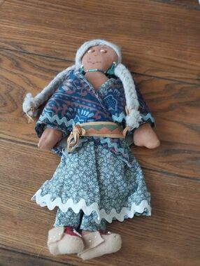 Handcrafted Brown Rag Doll with Blue Patterned Outfit